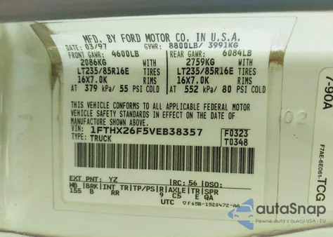 1997 Ford F-250 Xl from USA, damaged, VIN 1FTHX26F5VEB38357